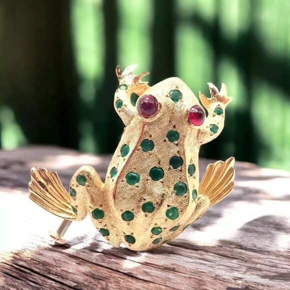 Vintage! Tiffany & Co. France 20k Yellow Gold Ruby Emerald Frog Pin Brooch - Picture 2 of 11